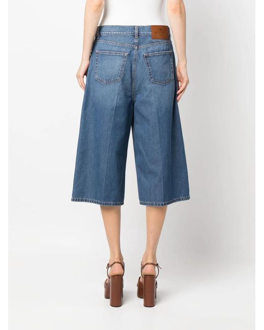 Etro Blue Floral-Embroidered Wide-Leg Denim Culottes