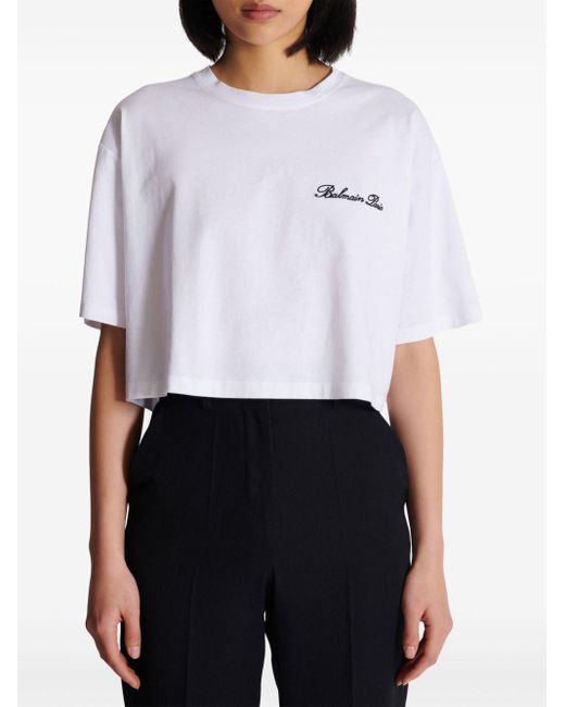 Balmain White Logo-Embroidered Cotton T-Shirt