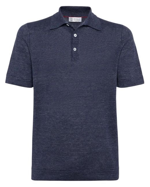 Brunello Cucinelli Blue Ribbed-Collar Slub-Texture Polo Shirt for men
