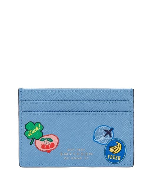 Smythson Blue Panama Sticker Leather Cardholder