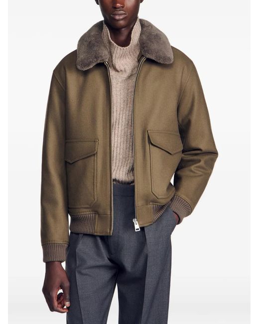 Sandro Brown Shearling-Collar Zip-Up Bomber Jacket for men
