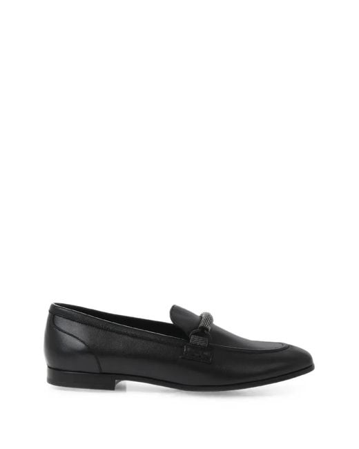 Brunello Cucinelli Black Rhinestone-Embellished Leather Loafers