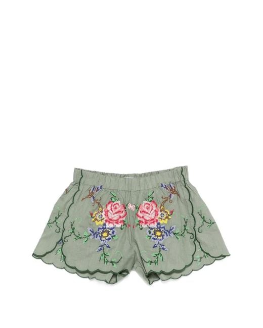 ORSINA Green Floral-Embroidered Scalloped-Hem Shorts