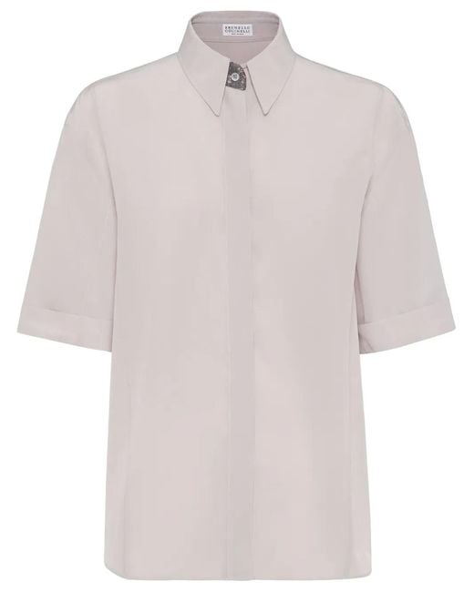 Brunello Cucinelli White Monili Bead-Embellished Silk Shirt