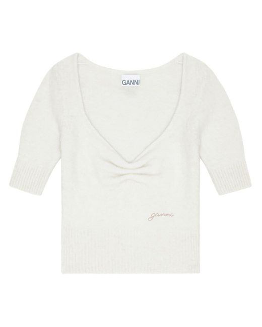 Ganni White Short-sleeve Ruched Knit Top