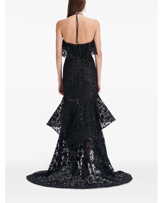 Oscar de la Renta Black Ruffled Guipure Lace Halterneck Gown