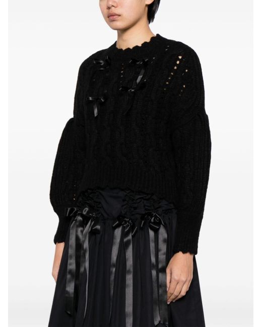 Simone Rocha Black Ribbon-Detail Lace-Stitch Jumper