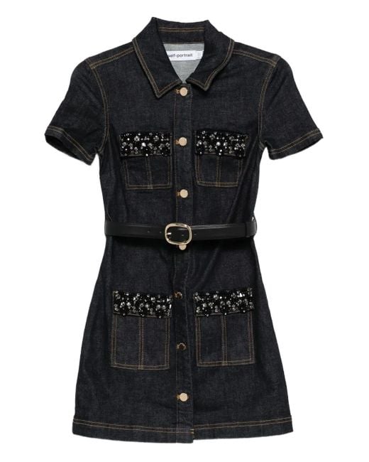 Self-Portrait Black Denim Crystal Trim Mini Dress