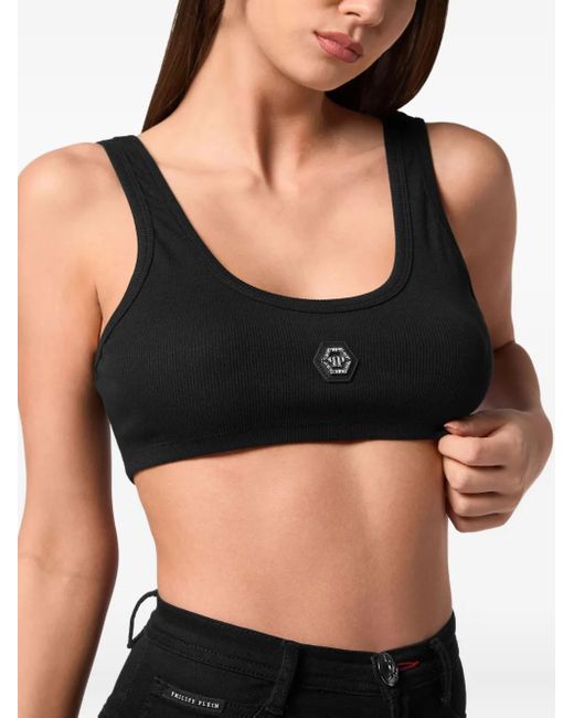 Philipp Plein Jersey Rib Cropped Tank Top in het Black