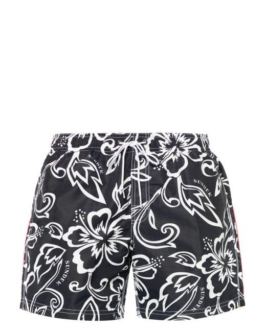 Sundek Black Hibiscus-print Swim Shorts for men