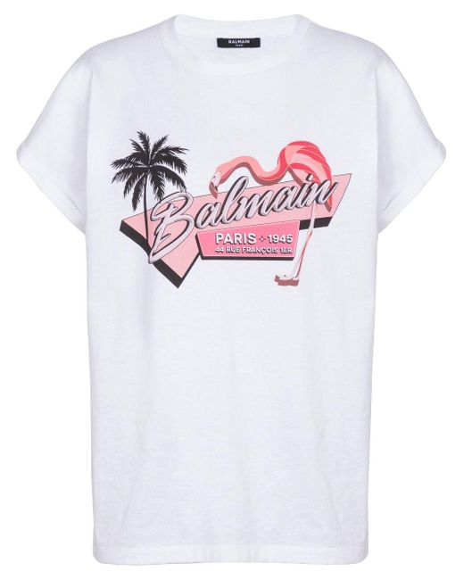 Balmain White T-Shirt mit Flamingo-Print