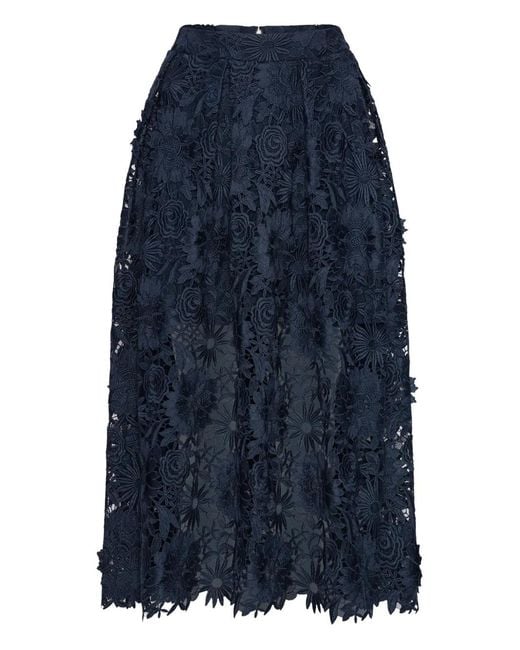 ROTATE BIRGER CHRISTENSEN Blue 3D Floral-Lace Midi Skirt