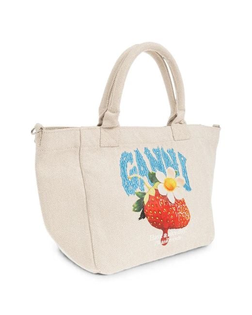 Ganni White Strawberry-Print Logo-Embroidered Tote Bag