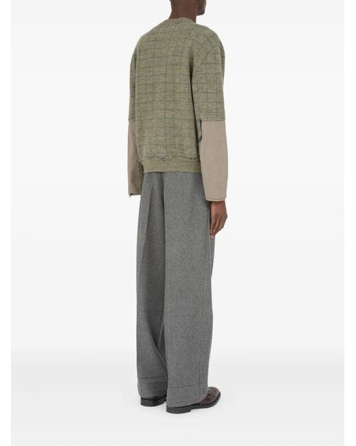 Maison Margiela Green V-Neck Grid-Pattern Wool Sweater for men