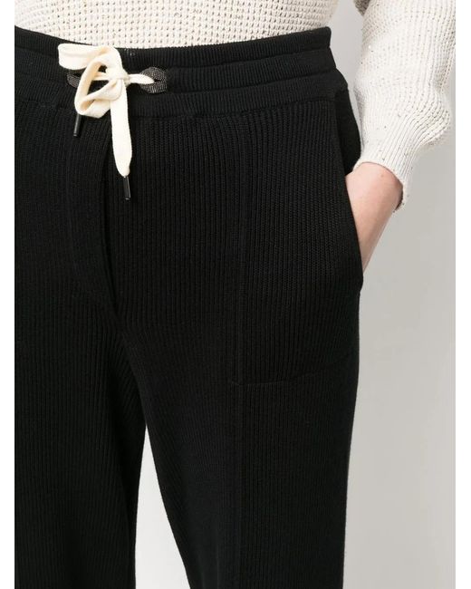 Brunello Cucinelli Black Ribbed-Knit Straight-Leg Trousers