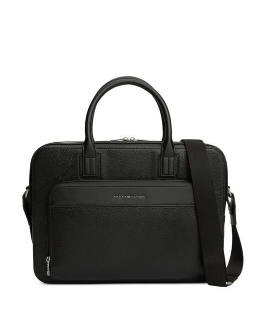 Tommy Hilfiger Black Logo-Plaque Pebbled-Texture Laptop Bag for men