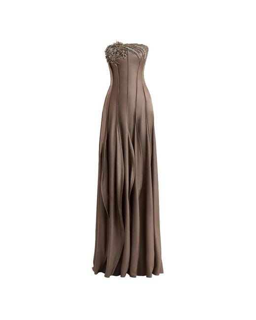 Gemy Maalouf Natural Bead-Embellished Strapless Maxi Dress