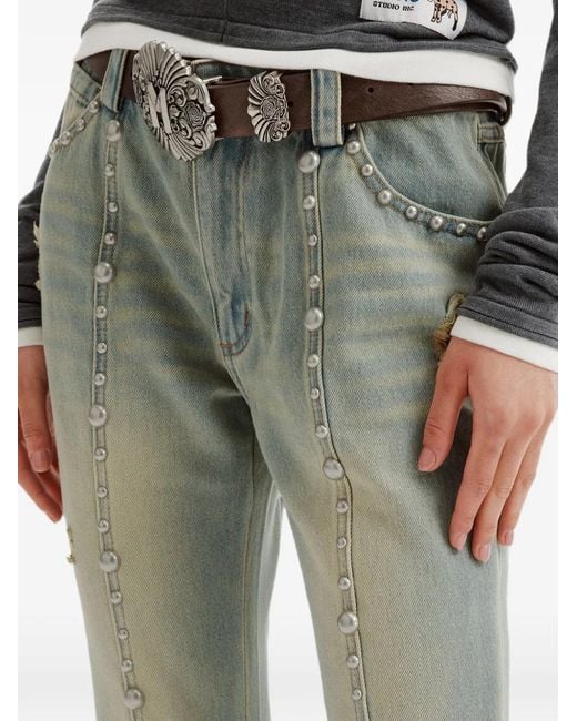 Markgong Green Stud-Embellished Distressed Flared Jeans