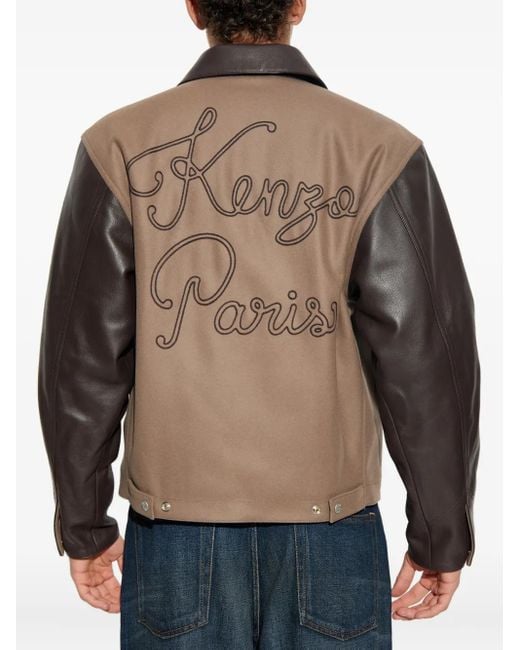 KENZO Brown Embroidered Leather-Sleeves Jacket for men