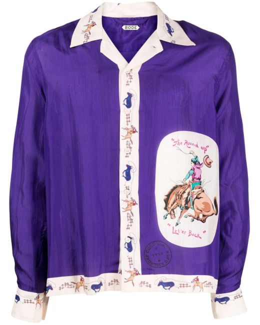 Bode Purple Round Up Printed Silk Shirt for men
