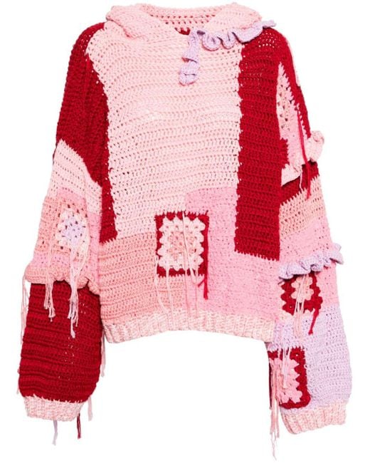 CAVIA Red Colour-block Crochet-knit Hoodie