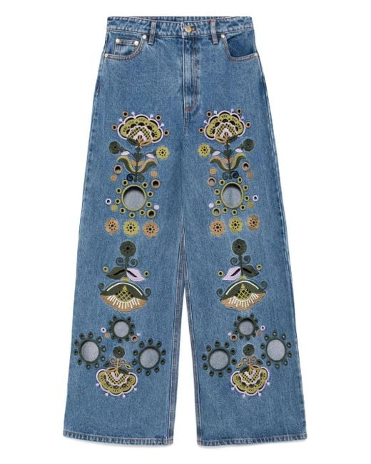 Cynthia Rowley Blue Bestickte Wide-Leg-Jeans