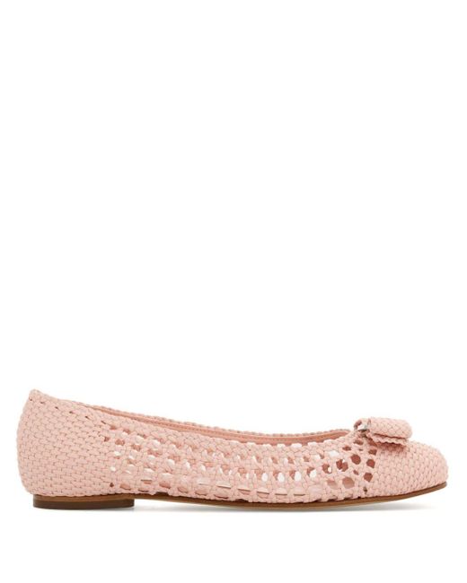 Ferragamo Pink Vara-bow Woven Ballerina Shoes