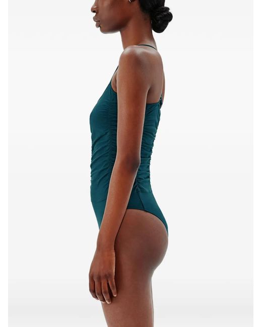 Another Tomorrow Blue Shirred Sleeveless Bodysuit