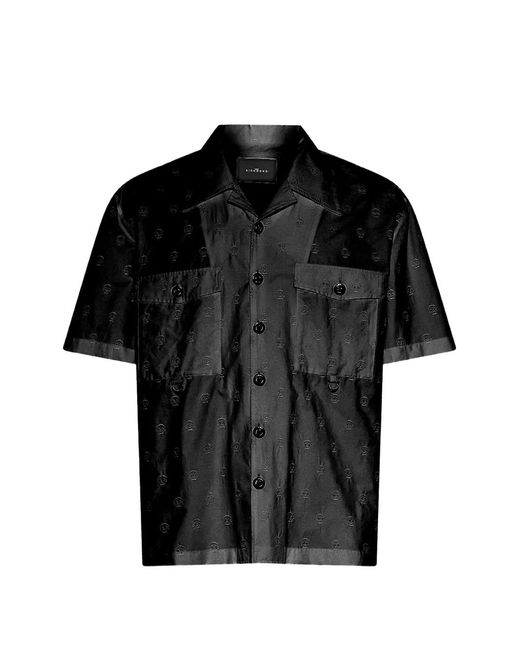 John Richmond Black Monogram-Pattern Short-Sleeve Shirt for men