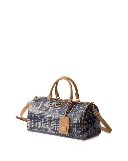 Prada Blue Medium Linen Blend And Leather Top-Handle Bag