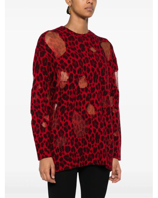 Versace Red Wool Sweater With Leopard Print