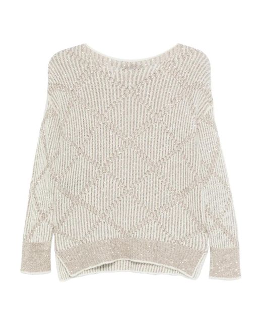 D.exterior White Sequin-Embellished Diamond-Pattern Sweater