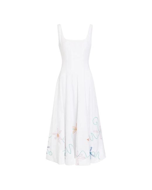 Staud White Embroidered Sleeveless Midi Dress