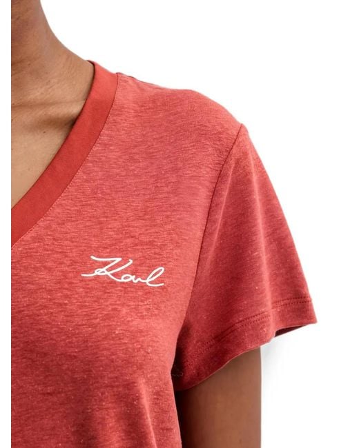 Karl Lagerfeld Red V-Neck Logo-Detail T-Shirt