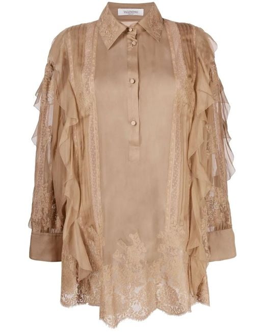 Valentino Garavani Natural Beige Silk Ruffle-trim Silk Blouse