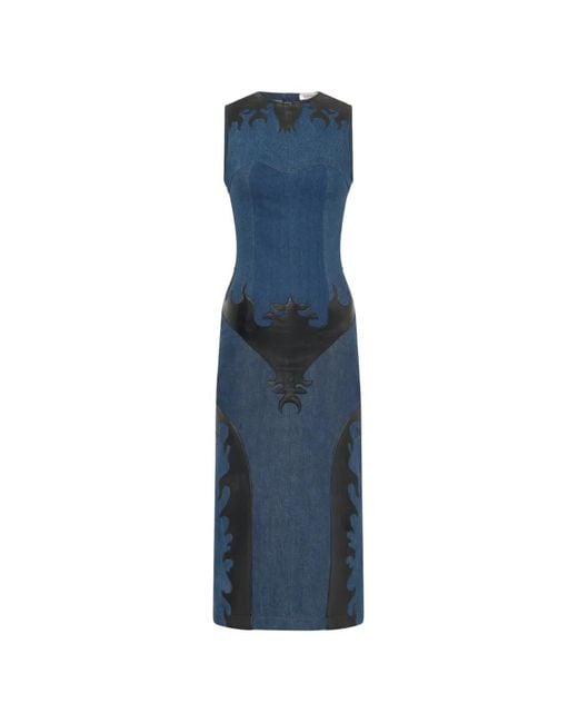MARINE SERRE Blue Robe Mi-Longue En Jean À Patch En Cuir