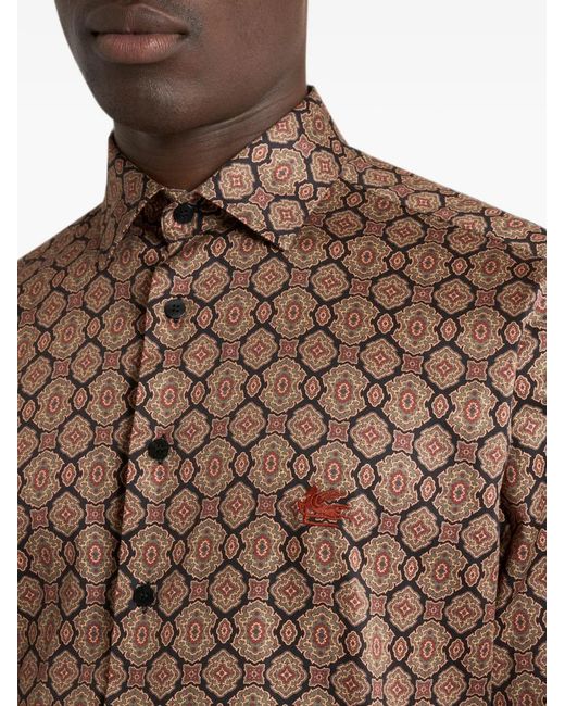 Etro Brown Cotton Satin Shirt With Medallion Motif for men