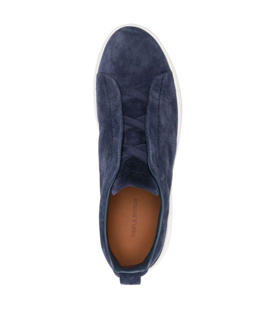 Zegna Blue Triple Stitch Suede Sneakers for men