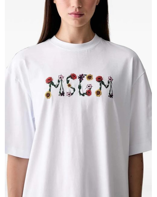 MSGM White Floral-Embroidered Mini Dress