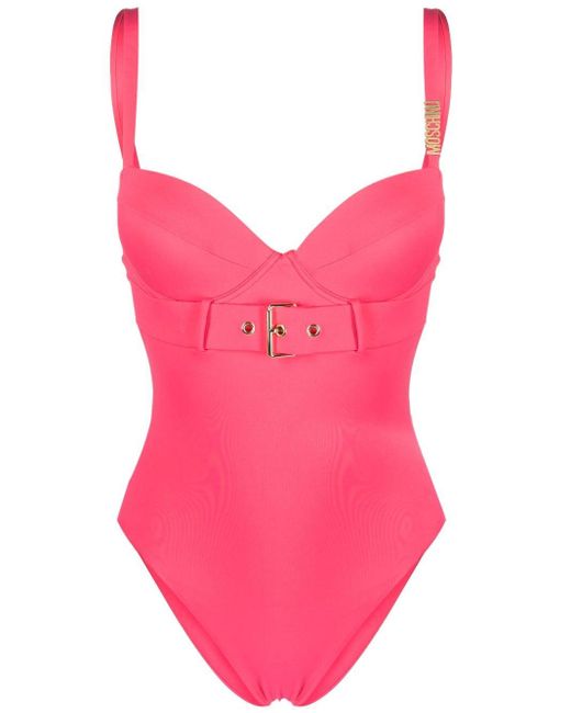 Moschino Pink Logo-plaque Belted Swimsuit