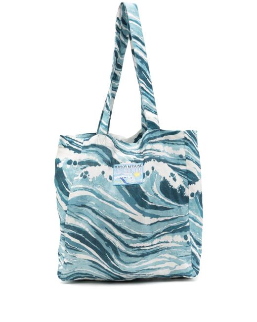 Maison Kitsuné Blue Abstract-pattern Print Linen Bag for men