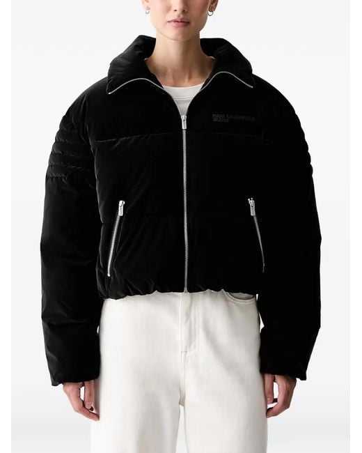 Karl Lagerfeld Black Velvet-Effect Puffer Jacket