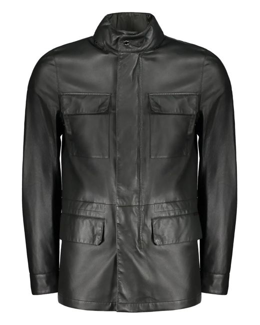 Moorer Black Four-Pocket Drawstring Leather Jacket for men