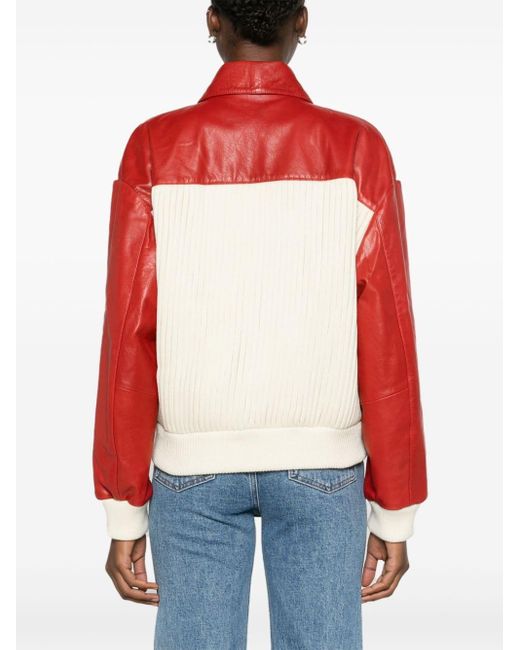 Claudie Pierlot Red Leather-panels Ribbed-knit Bomber Jacket