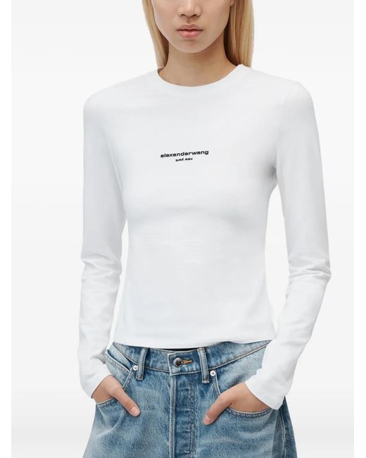 Alexander Wang White Fitted Ls Tee W/ Logo Print