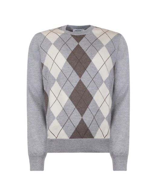 Gran Sasso Gray Argyle-Knit Crew-Neck Sweater for men