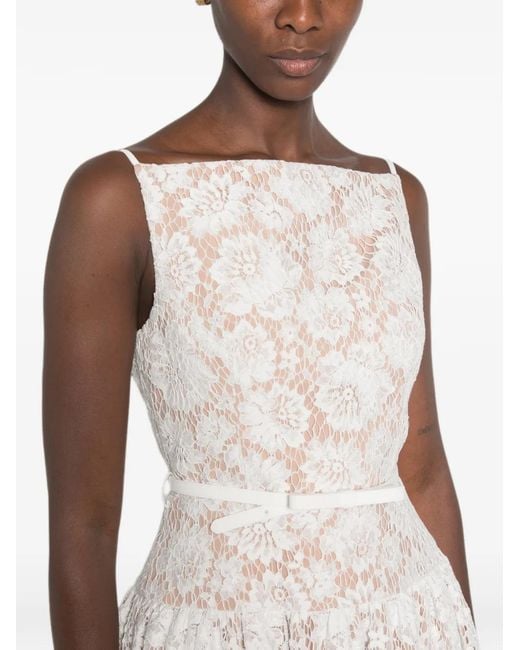 Self-Portrait White Lace-Overlay Belted Midi Dress