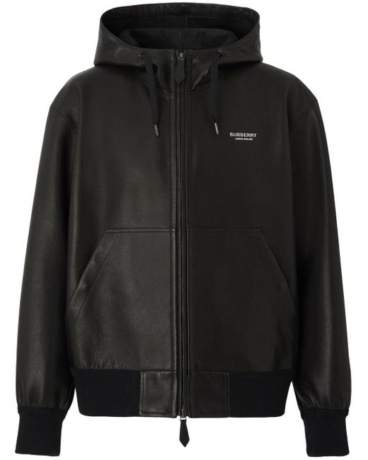 Burberry Leather Logo-patch Hooded Jacket in Black for Men | Lyst