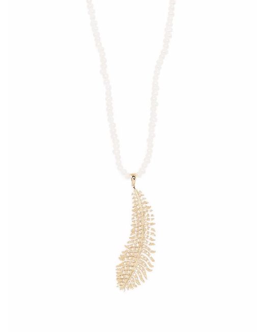 Mizuki White 14Kt Long Dancing Pearl Large Diamond Feather Necklace