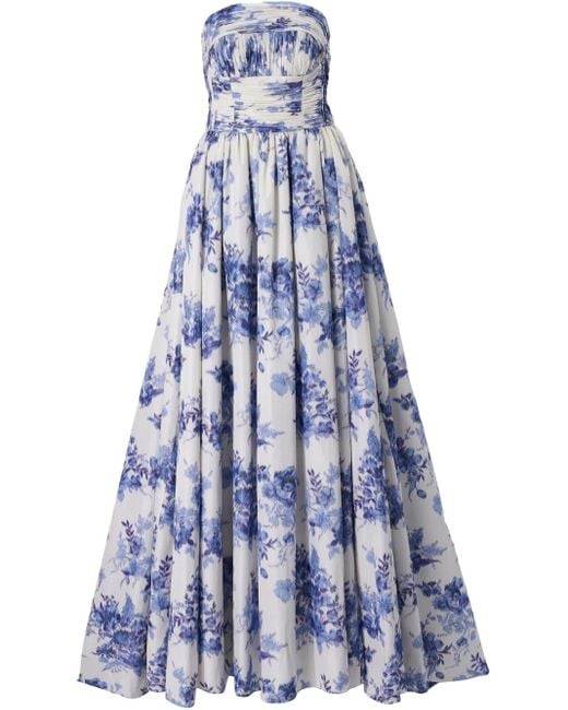 Carolina Herrera フローラル ストラップレスドレス Blue